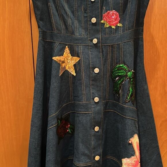 Ashro sleeveless Dress denim look faux patch pockets buttondown sequin stretch 8 - Picture 16 of 17